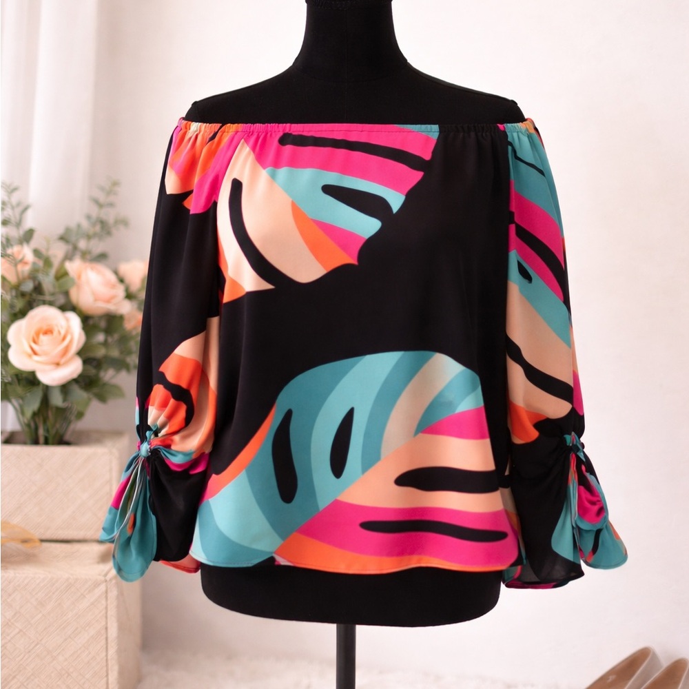 Off-Shoulder Tropical Print Blouse - Black & Multicolor